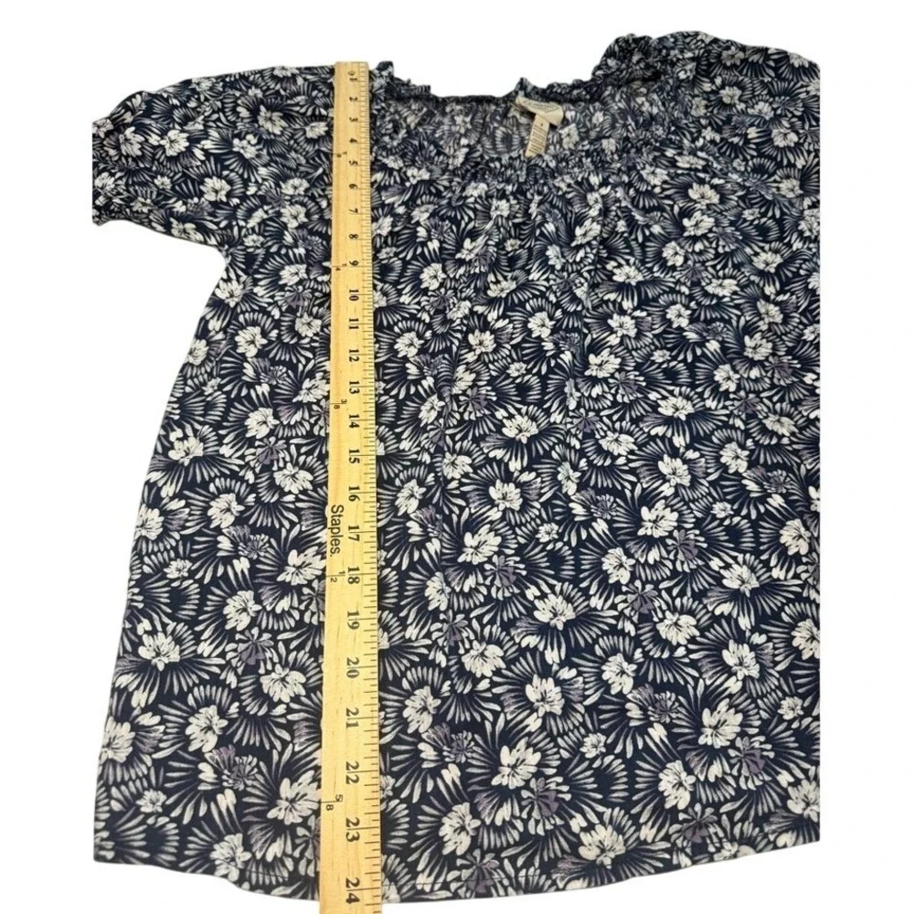 St Johns Bay Navy Floral Smocked Square‎ Neck Puff Sleeve Blouse Top Small NEW